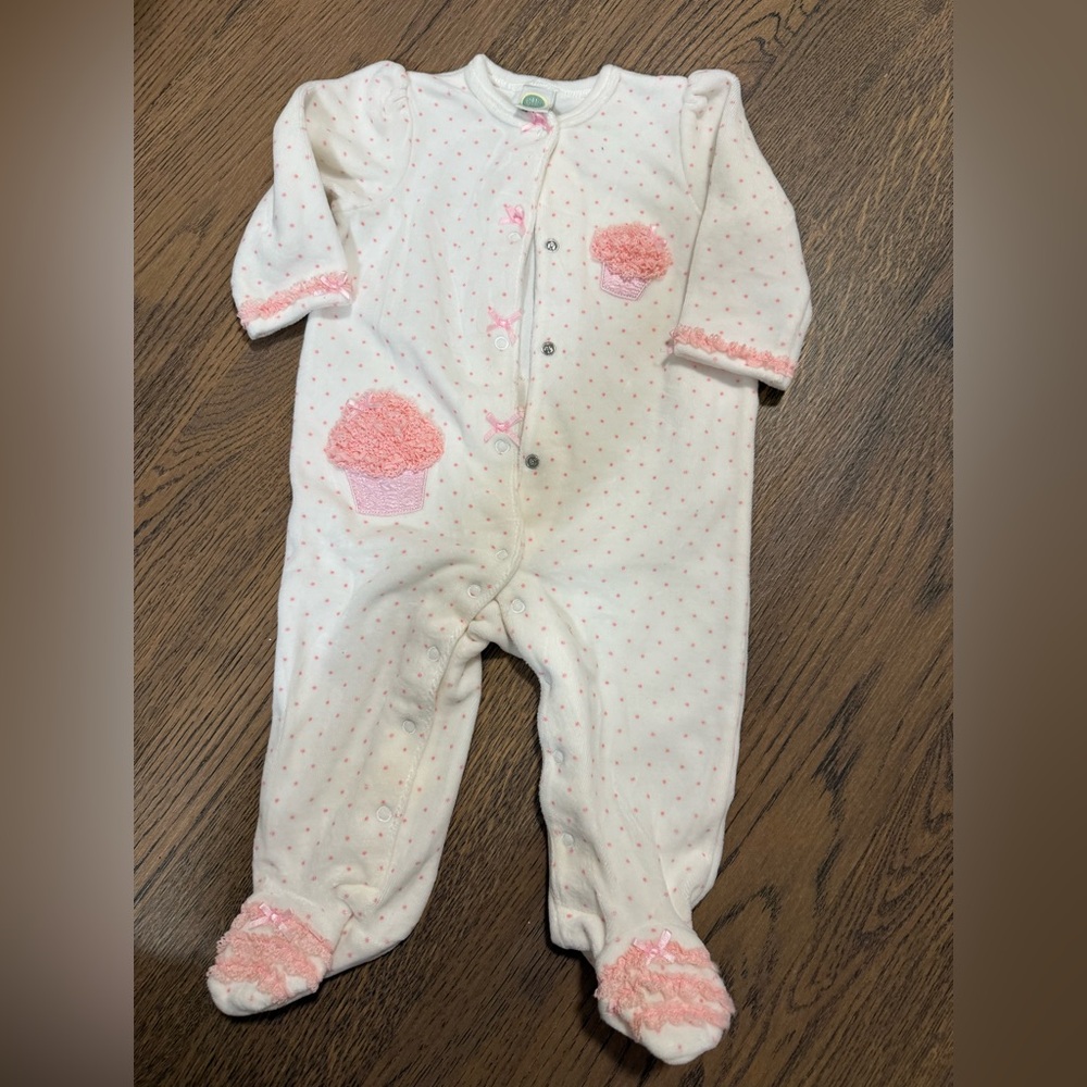 Little Me Pink and White Polka Dot cupcake Footie - 9m